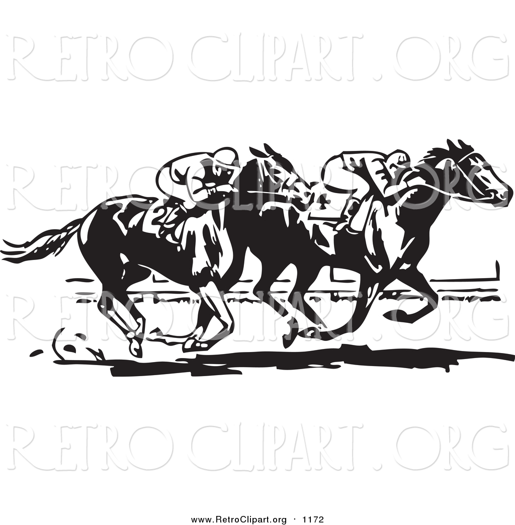 Clipart of Retro Black and White Jockeys and Horses in a ...