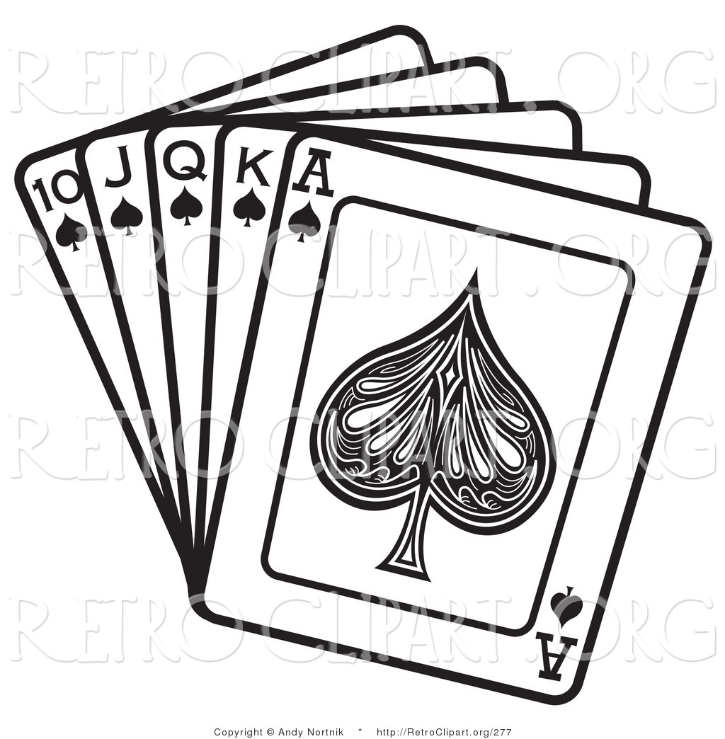Retro Clipart of a Black and White Hand of Cards Showing a 10, Jack