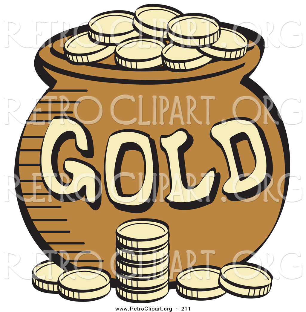 Retro Clipart of a Stack of Gold Coins in Front of a Pot of Leprechaun