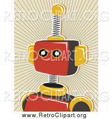 Clipart of a Red Robot over a Tan Burst by