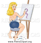 Clipart of a Retro Blond White Female Artist Sitting on a Stool and Painting on a Canvas by BNP Design Studio