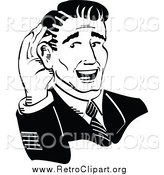 Clipart of a Retro Handsome Businessman Cupping His Ear Black and White by Andy Nortnik