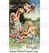 Clipart of a Retro Valentine of Cherubs Playing Tambourines and Mandolins with Hearts and Flowers, Circa 1906 by OldPixels