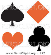 Retro Clipart of a Black Spade and Club with an Orange Diamond and Heart on Solid White by Andy Nortnik