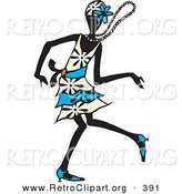 Retro Clipart of a Dancing Flapper Woman in a White and Blue Dress, Floral Hat and Heels, Moving on the Dance Floor with Her Necklace Flying Around Her Neck, on White by Steve Klinkel