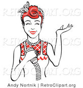 Retro Clipart of a Happy Red Haired Woman Smiling and Using a Salt Shaker While Cooking by Andy Nortnik