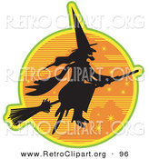 Retro Clipart of a Spooky Ugly Witch in the Traditional Black Dress and Pointy Hat, Riding on a Broomstick and Silhouetted Against an Orange Starry Night Sky by Andy Nortnik