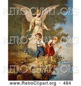 Retro Clipart of a Vintage Painting of a Guardian Angel Protecting Two Children Teetering on a Cliff, Circa 1890 by OldPixels