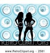 Retro Clipart of Two Sexy Black Silhouetted Women Standing over a Retro Blue Background by KJ Pargeter