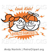 Vector Retro Clipart of Two Happy Freckled Redheaded Kids, One Boy and One Girl, Smiling Happily by Andy Nortnik
