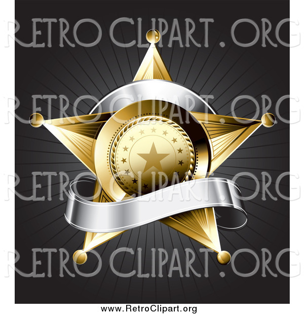 Clipart of a 3d Gold Star Police Badge with a Blank Silver Banner on a Bursting Gray Background