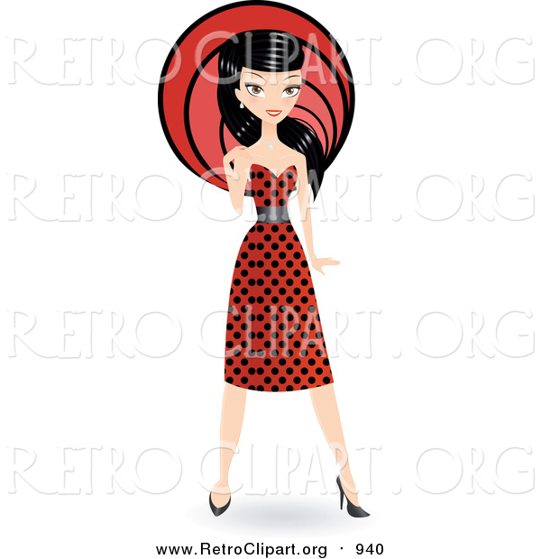 Clipart of a Black Haired Woman in a Polka Dot Dress