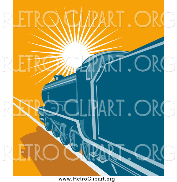 Clipart of a Blue Steam Engine Train Traveling Towards the Sunset