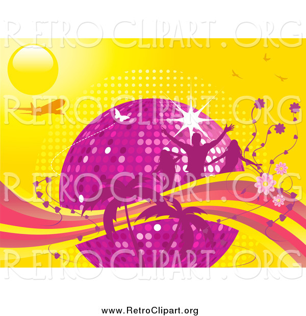 Clipart of a Disco Ball, Silhouetted Pink People, Flowers and Palm Trees with an Airplane and Butterflies on a Yellow Background