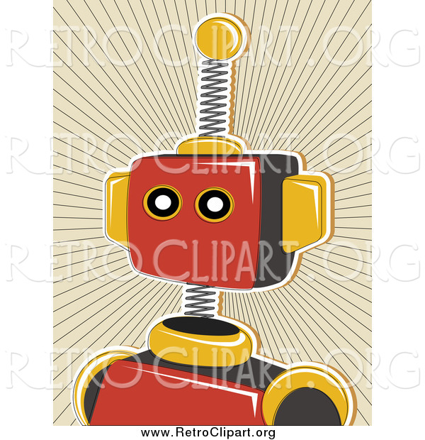 Clipart of a Red Robot over a Tan Burst