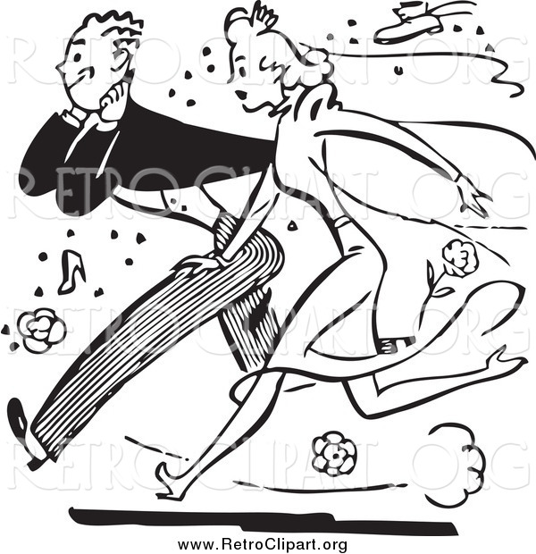 Clipart of a Retro Black and White Bride and Groom Running Through Rice