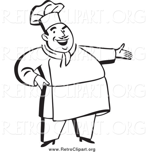 Clipart of a Retro Black and White Chubby Male Chef Presenting