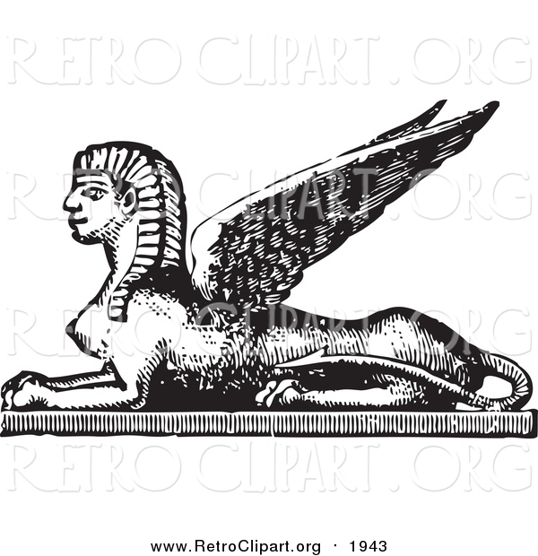 Clipart of a Retro Black and White Egyptian Sphinx