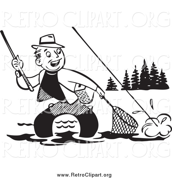 Clipart of a Retro Black and White Fisherman Wading and Trying to Get His Fish in a Net