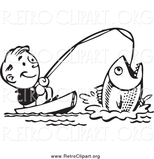 Clipart of a Retro Black and White Happy Man Catching a Giant Fish
