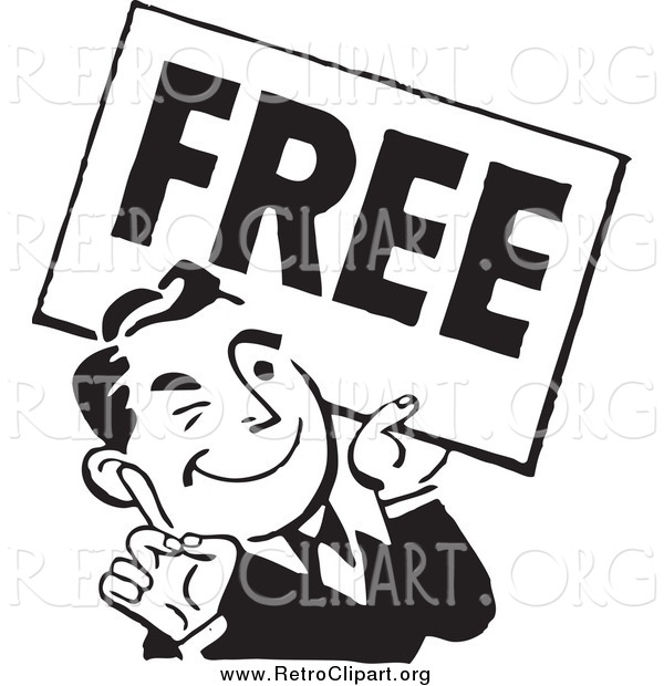 Clipart of a Retro Black and White Man with a Free Sign