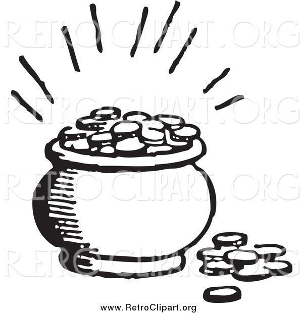 Clipart of a Retro Black and White Pot of Coins with Light