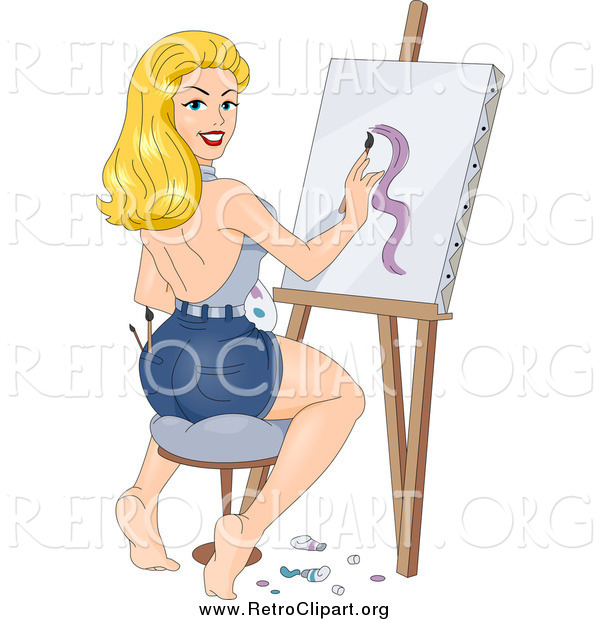 Clipart of a Retro Blond White Female Artist Sitting on a Stool and Painting on a Canvas