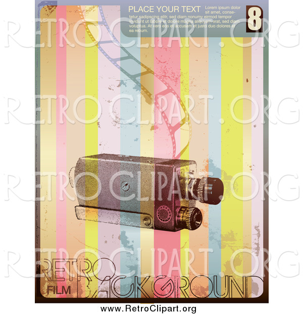 Clipart of a Retro Camera with a Strip of Film over Rainbow Stripes with Sample Text and Grunge