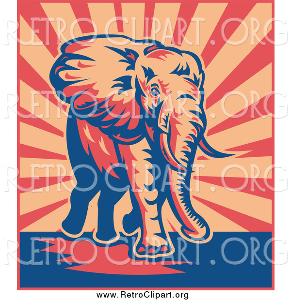 Clipart of a Retro Elephant over Beige and Red Rays