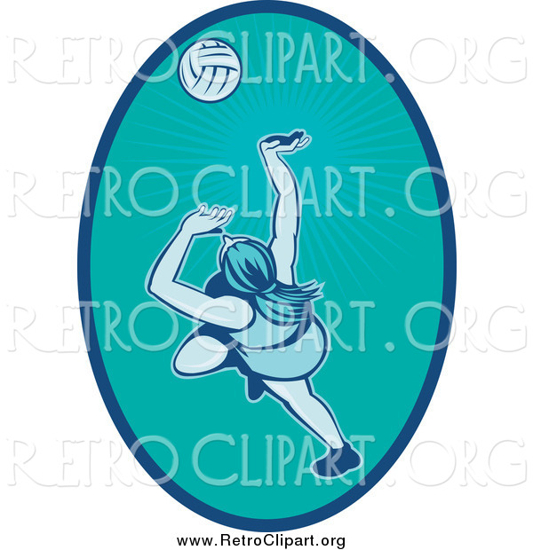 Clipart of a Retro Female Volleyball Player in a Turquoise Oval