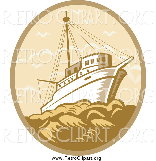 Clipart of a Retro Fishing Boat at Sea in a Tan and Brown Oval