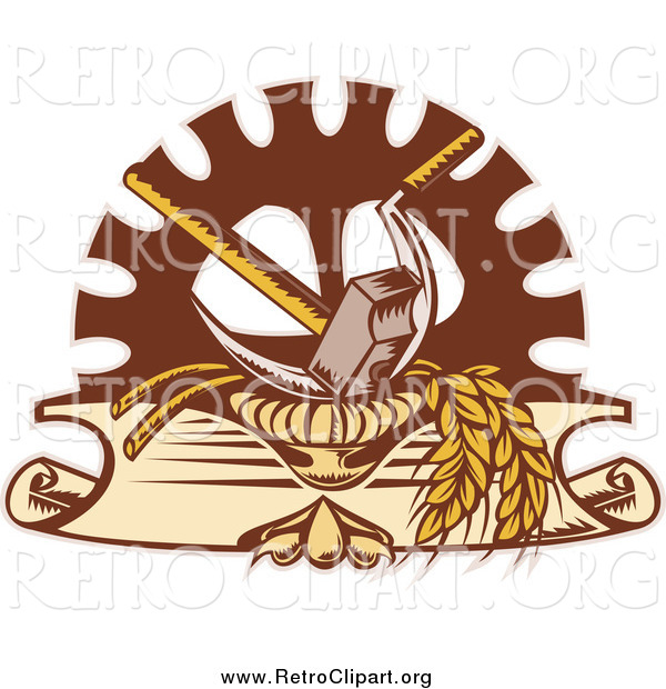 Clipart of a Retro Hammer Sickle Gear Cog and Wheat Design