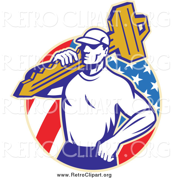 Clipart of a Retro Locksmith Man Carrying a Key over an American Circle