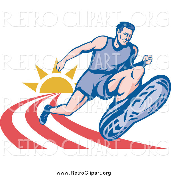 Clipart of a Retro Male Marathon Runner on a Track with a Sun