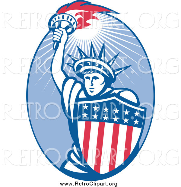 Clipart of a Retro Statue of Liberty and American Shield Oval