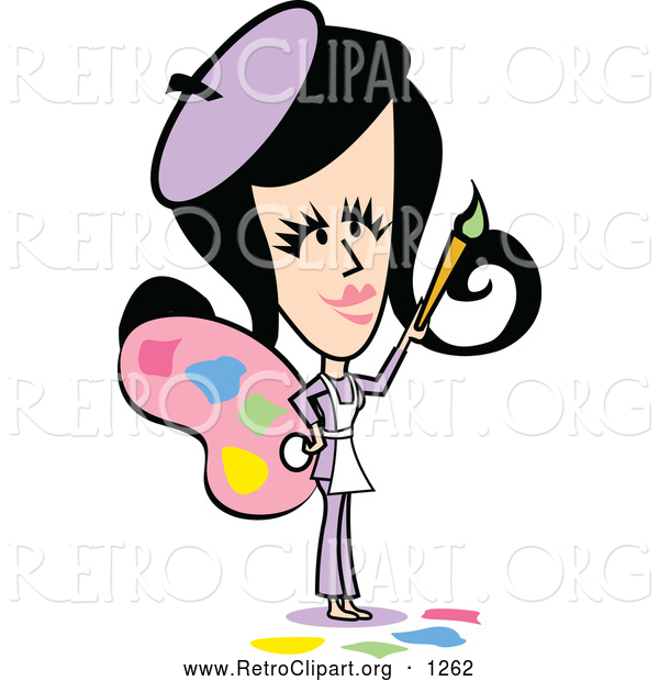 Clipart of a Retro Woman Artist in Purple, Holding a Palette and Paintbrush