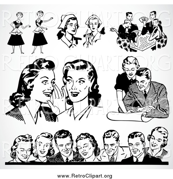 Clipart of Retro Black and White Men and Women over Shading