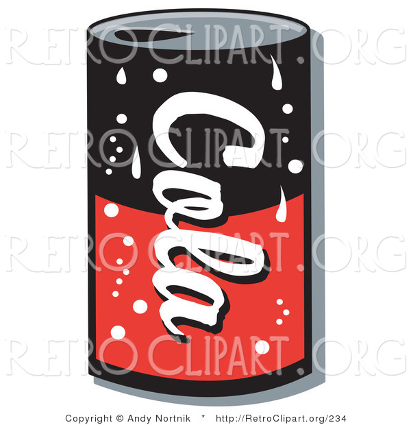 Retro Clipart of a Black and Red Can of Cola Soda on a White Background