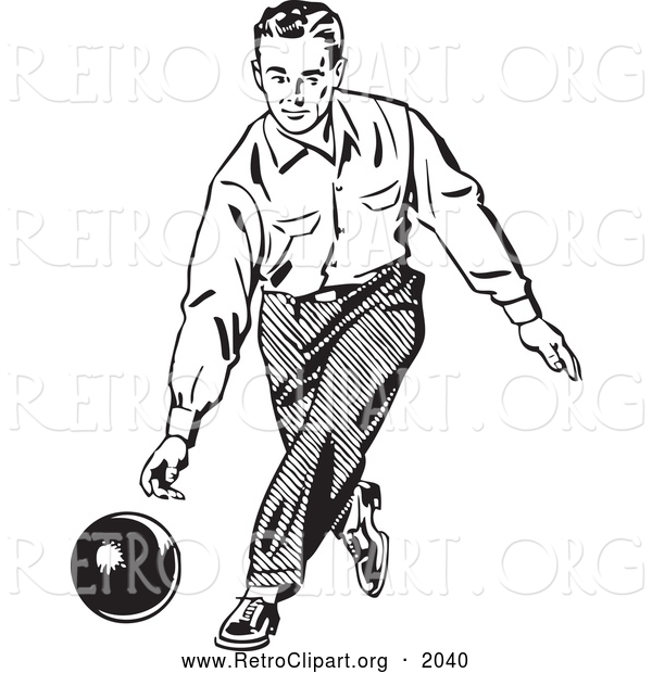 Retro Clipart of a Black and White Retro Man Bowling