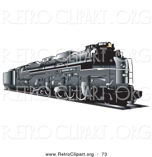 Retro Clipart of a Black Train Travelling on Rails to the Side