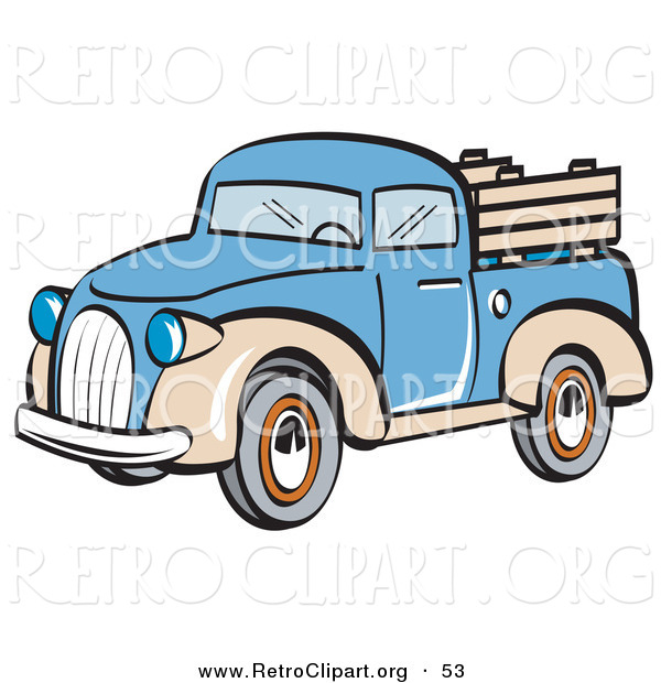Retro Clipart of a Blue and Tan Pickup Truck on White