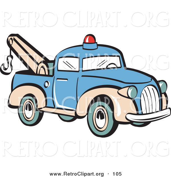 Retro Clipart of a Blue Toy Tow Truck with a Hook on the Tailgate