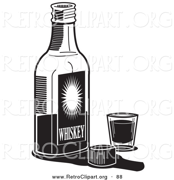 Retro Clipart of a Bottle of Whiskey by a Shot Glass in a Bar over White