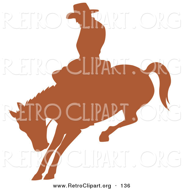 Retro Clipart of a Brown Silhouette of a Cowboy Riding a Bucking Bronco in a Rodeo Looking Left