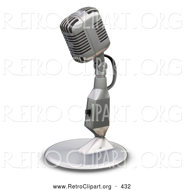Retro Clipart of a Chrome Vintage Old Fashioned Microphone with a Little Table Top Stand, on a White Background