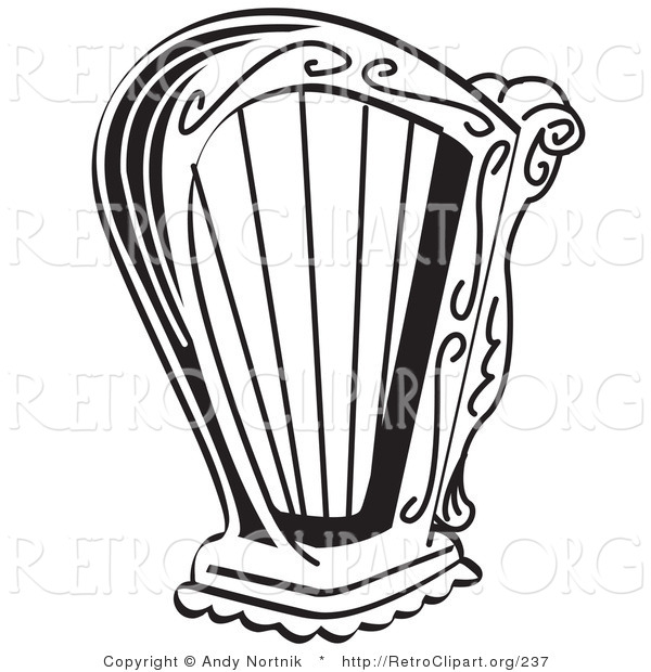 Retro Clipart of a Coloring Page of a Black and White Harp Instrument over a White Background