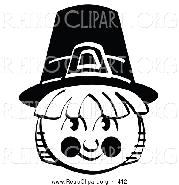 Retro Clipart of a Coloring Page of a Male Pilgrim in a Black Hat, Smiling