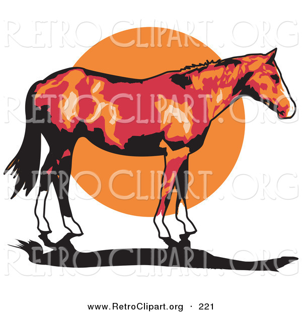 Retro Clipart of a Cute Brown Horse with White Feet Standing Against a Sunset