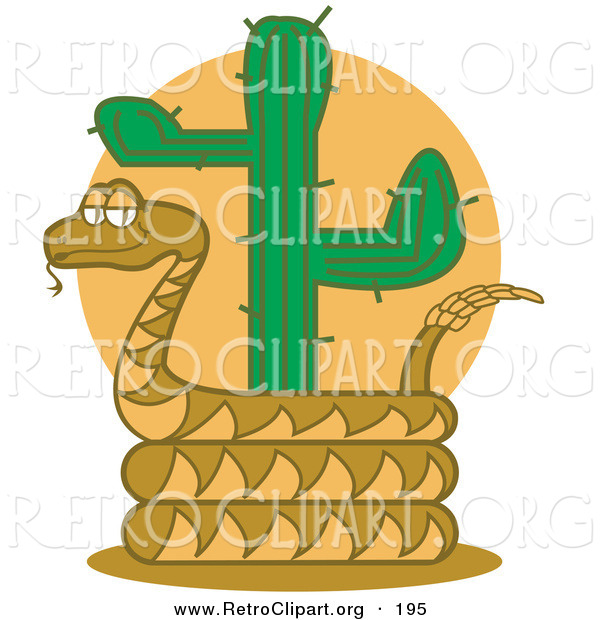 Retro Clipart of a Cute Rattlesnake Holding out His Rattle and Curled Around a Desert Cactus