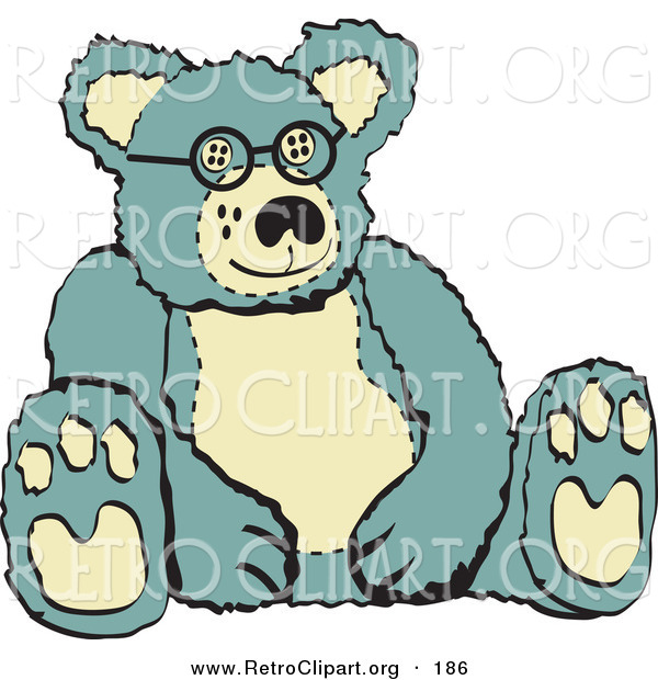 Retro Clipart of a Cute Stuffed Blue and Tan Stuffed Teddy Bear Wearing Glasses Retro